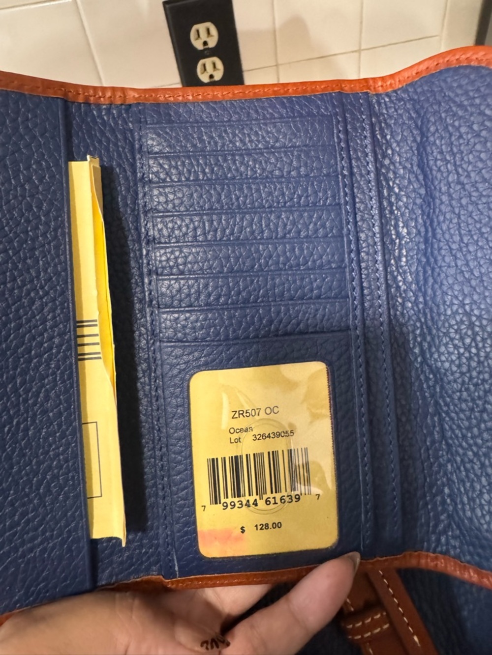 Dooney & Bourke Blue Pebbled Leather Tote with Brown Trim - Picture 5 of 11